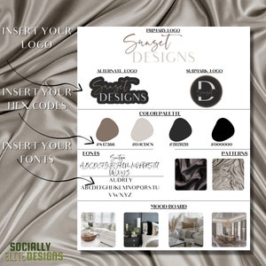 May include: A branding guide for a business called Sunset Designs. The guide includes a primary logo, alternate logo, submark logo, color palette, fonts, and mood board. The color palette includes brown, beige, black, and white. The fonts used are Sintga and Audrey. The mood board includes images of a living room, bedroom, and dining room.