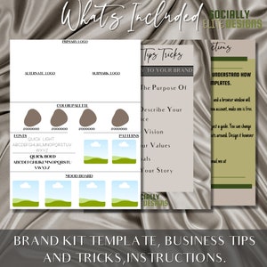 May include: A brand kit template with instructions for creating a brand. The template includes sections for a primary logo, alternate logo, submark logo, color palette, patterns, and a mood board. The template also includes tips and tricks for branding.