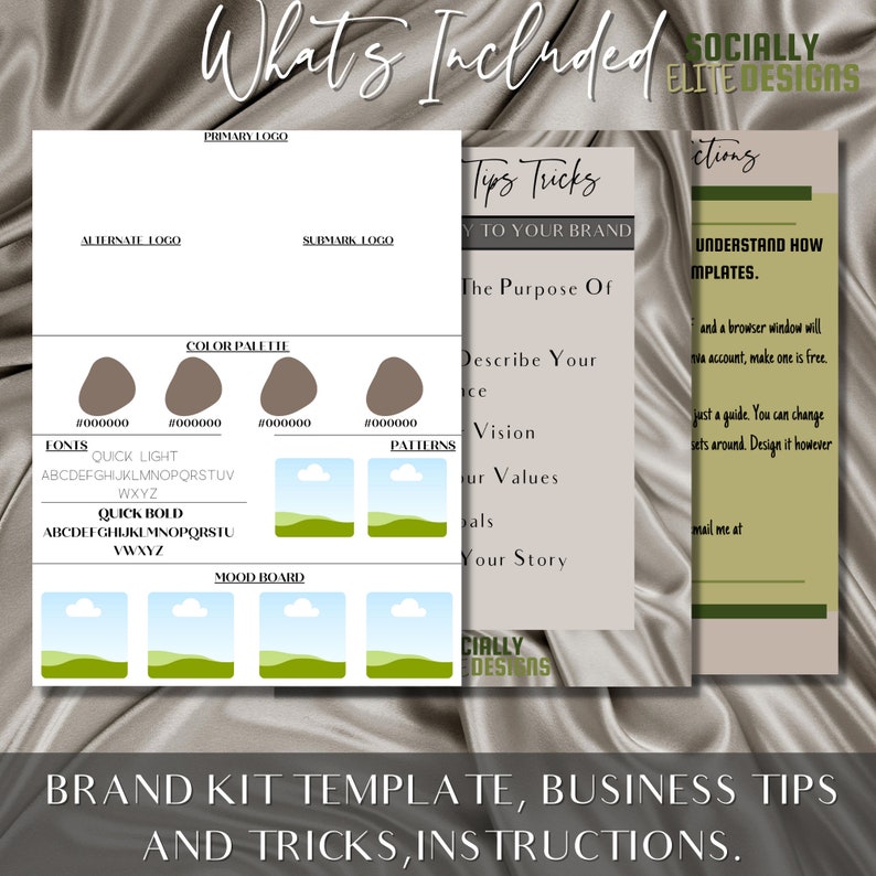 May include: A brand kit template with instructions for creating a brand. The template includes sections for a primary logo, alternate logo, submark logo, color palette, patterns, and a mood board. The template also includes tips and tricks for branding.