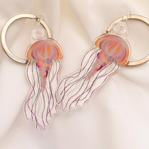 May include: Two clear acrylic keychains featuring a pink and orange jellyfish design. The jellyfish have long, flowing tentacles.