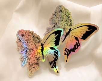 Holografischer Blumen Schmetterling Aufkleber | Laptop Aufkleber | Wasserflasche Aufkleber | Die Cut Vinyl Sticker
