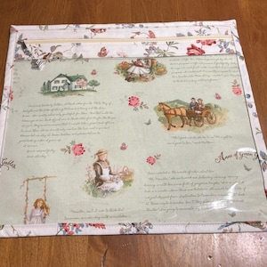 May include: A rectangular, fabric zippered pouch with a light green background featuring illustrations and text from "Anne of Green Gables." The pouch has a floral border and a clear plastic pocket. The zipper is gold.