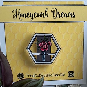 Honeycomb Dreams #3  Clear Collectible Rose in Test Tube Acrylic Pin Button approx 1.25&quot; Also, you can use as cork bulletin board push pin!