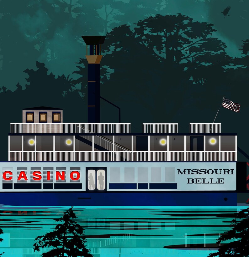 May include: A white riverboat with the words "MISSOURI BELLE" and "CASINO" on the side. The boat is docked in a dark blue body of water with trees in the background.