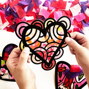 Valentine's Day crafts for kids, kids party table activity for preschool valentine party, colorful paper heart suncatcher craft kits