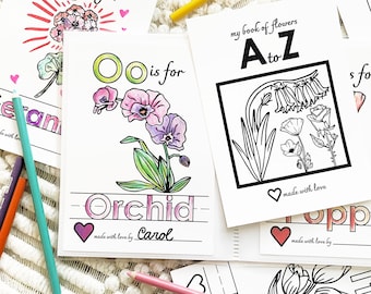 Printed Flower ABC Book Gift for Mothers Day, Printable Alphabet Coloring Handmade Gift for Mom or Grandma, Baby in Bloom Shower Activity