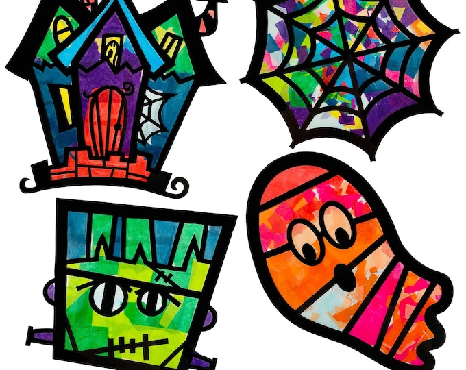 Halloween suncatcher arts and crafts kit for kids - Halloween themed gift for girl or boy - DIY fall October class party activity preschool