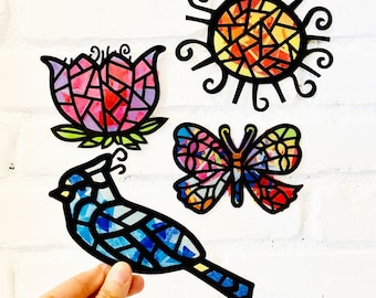 Spring garden suncatcher kit - tissue paper collage - kids stained glass - kids craft kits - gift for kids - holiday stuffer - art gift