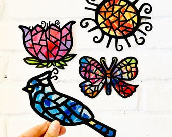 Spring garden suncatcher kit - tissue paper collage - kids stained glass - kids craft kits - gift for kids - holiday stuffer - art gift