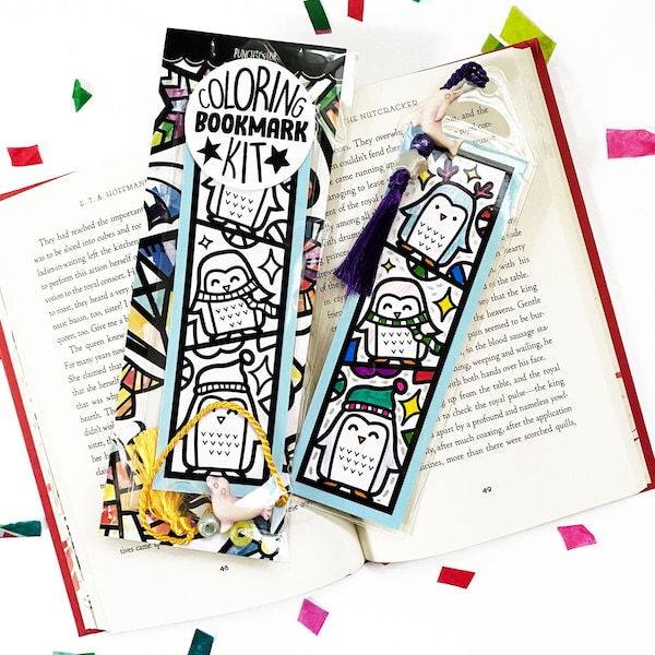 Penguin coloring bookmark for kids stocking stuffer for birthday part favor, winter crafts for girls or boys, Christmas gifts for tweens