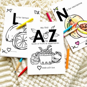 ABC coloring baby shower book fruits and vegetables.