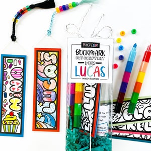 Kids bookmark-making kit makes 4 bookmarks. Personalized stocking stuffer and gift for kids.