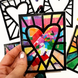 15+ Valentine's Day heart paper stained glass project - kids classroom party activity in bulk - gift from kids to parents in preschool