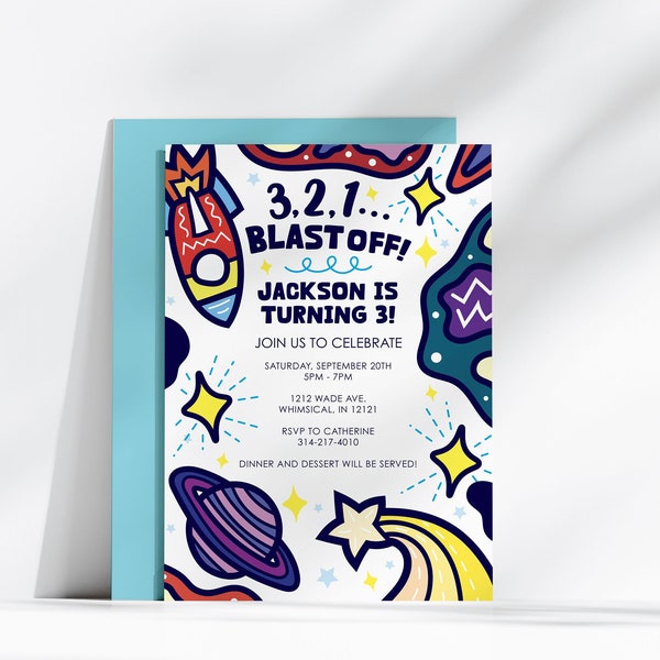 Outer Space Birthday Invitation for Blast Off Party, Personalized Editable Rocket Party Invite, Printable Galaxy Party for Boys and Girls