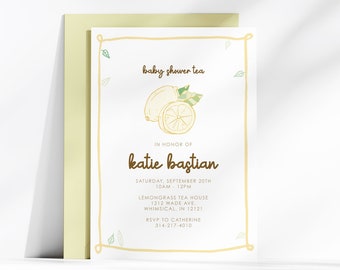 Lemon Baby Shower Invitation Template, Editable Citrus Baby Shower Hand drawn Invite, Printable Baby Shower Tea Invitation