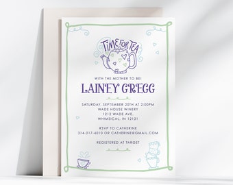 Tea Baby Shower Invitation Template, Time for Tea with the Mother to be Editable Baby Shower Invite, Printable Shower Brunch Gender Neutral