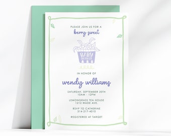 Berry Sweet Baby Shower Invitation Template, Editable Blueberry Baby Shower Hand drawn Invite, Printable Fruit Gender Neutral Invitation