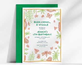 Hand Drawn Outdoor Birthday Party Invitation Template, Editable Insect Invite, Bug Hunt Invitation, Garden Party Invite, Kids Outdoor Party