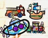 Transportation suncatcher kit - kids paper vehicles - stained glass tissue paper - homeschool activity - DIY arts and crafts - toddler craft