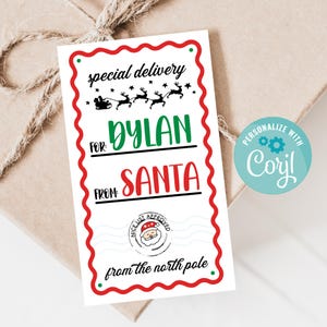 Plantilla imprimible de etiqueta de entrega especial, etiquetas de regalo de Papá Noel editables, etiquetas navideñas personalizadas, etiquetas navideñas de Papá Noel, descarga instantánea