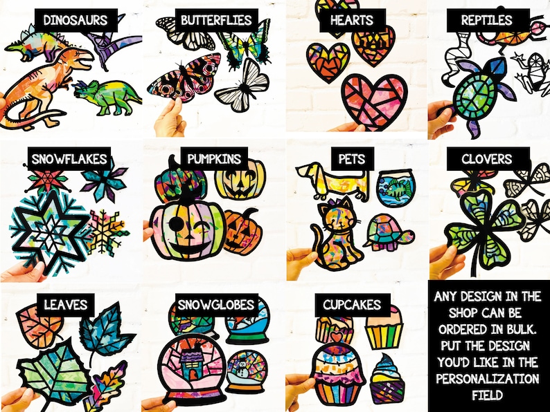 May include: A collection of multi-colored, stained-glass style paper cutouts featuring various shapes including dinosaurs, butterflies, hearts, reptiles, snowflakes, pumpkins, pets, clovers, leaves, snowglobes, and cupcakes with black outlines.