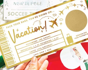 Golden Ticket Scratch Card Reveal, Vacation Fake Boarding Pass Gift,  Personalized Trip Voucher