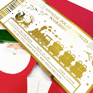 May include: A white rectangular boarding pass with gold foil accents featuring a train, Santa in a sleigh, and the text "OFFICIAL POLAR EXPRESS BOARDING PASS," "PASSENGER: WALTER WADE," "DATE: 12.1.26," "TIME: 7:00PM," and "THE BELL STILL RINGS FOR ALL WHO TRULY BELIEVE."