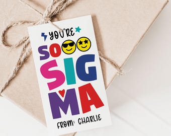 Puede incluir: Una tarjeta blanca con el texto "You're so SIGMA" en letras de colores. La tarjeta tiene dos caras sonrientes amarillas con gafas de sol y un corazón rojo. La tarjeta también tiene el texto "From: Charlie" en la parte inferior.