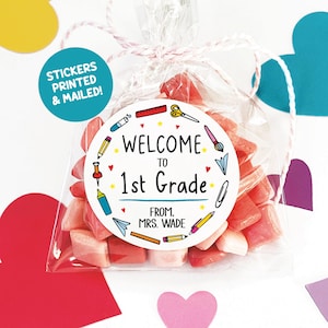 Stickers sac de cadeaux de rentrée, cadeaux de bienvenue personnalisés pour la maternelle, autocollant premier jour d'école, étiquette imprimée par l'enseignant
