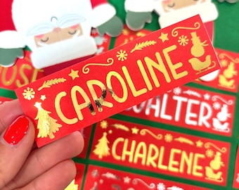 Personalized Gold Foil Christmas Gift Labels, Red Kids Name Stickers for Presents (Set of 14)