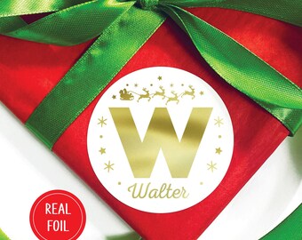 Foil Personalized Christmas Name Tags, Custom Initial Kids Holiday Santa Sleigh Gift Stickers