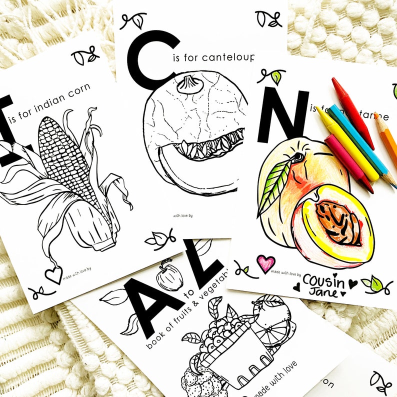 May include: A set of printable coloring pages featuring the alphabet, with each letter representing a different fruit or vegetable. The pages are black and white with outlines of the letters, fruits, and vegetables. The letters are in bold, uppercase font. The fruits and vegetables are drawn in a realistic style. The pages are titled "A to Z book of fruits & vegetables".