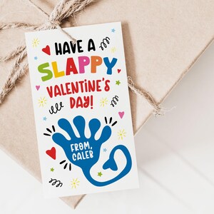 High Five Hand Kids Valentine, afdrukbare Sticky Hand Valentine-tags, kinderklaslokaal speelgoed Valentine, Slappy Hand Valentine-label bewerkbaar