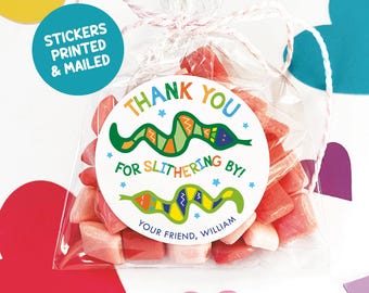 May include: A round sticker with a colorful snake design and the text "Thank you for slithering by!" and "Your friend, William".