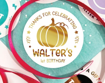 Pumpkin Foil Birthday Party Favor Stickers, First Birthday Custom Labels