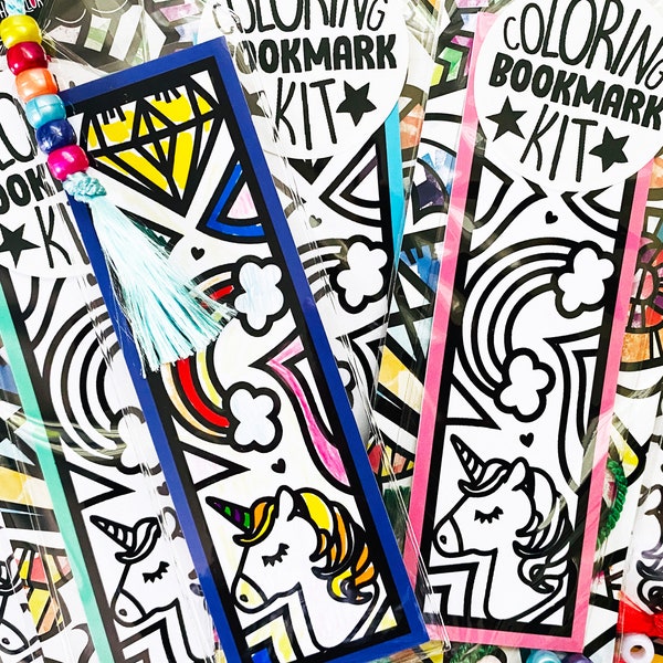 Unicorn Coloring Bookmarks, rainbow magical unicorn birthday party favor and activity for kids, reader gifts for children, DIY art kit