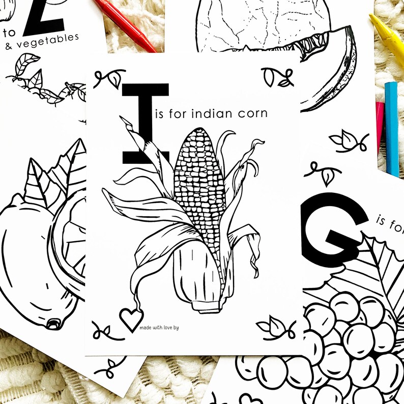 May include: Black and white printable coloring page featuring the letter I and an illustration of an ear of corn. The text "I is for indian corn" is included on the page.