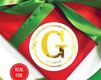 Gold Foil Personalized Christmas Gift Sticker, Vintage Custom Initial Holiday Present Tags