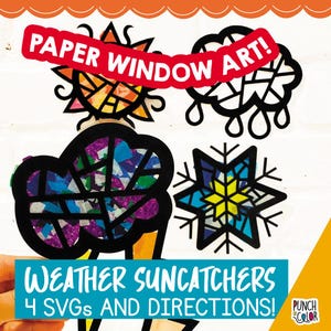 SVG-Datei 4 Wetter-Icons, machen Sie Wetterzyklus Suncatcher zu Hause auf Ihrem Cricut, Sonnenschein svg, Regenwolke svg, Schneeflocke svg, Aufhellung svg