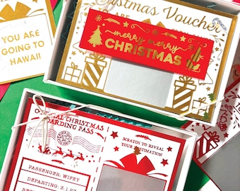 Scratch To Reveal Boarding Pass or Christmas Gift Ticket, Gold Foil Surprise Voucher
