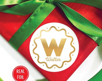 Foil Personalized Monogram Christmas Gift Stickers, Custom Name Initial Holiday Party Favor Labels for Kids, Set of 12