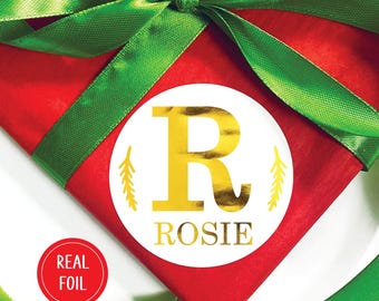 Gold Foil Personalized Christmas Gift Sticker, Custom Initial Holiday Present Tags