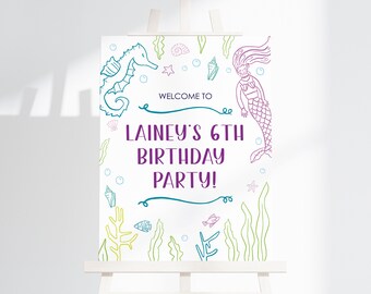 Mermaid Birthday Welcome Sign Template, Editable Under the Sea Party Welcome Poster, Whimsical Mermaid Ocean Welcome Template