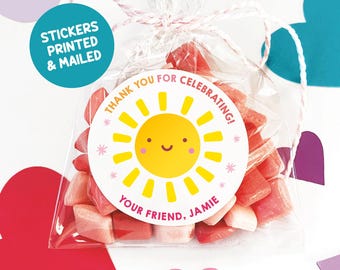 Sunshine birthday treat bag stickers, Personalized first trip around the sun birthday party favor tags, Little sunshine thank you labels
