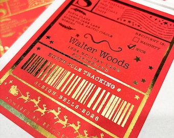 Personalized Red and Gold Foil Santa Mail Shipping Label, Set of 4 Custom Christmas Gift Wrapping Sticker