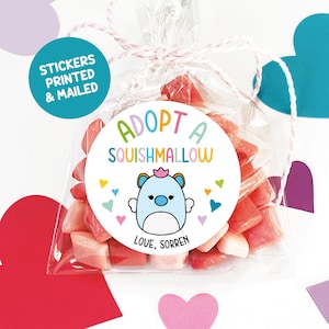 Adopt A Squishmallow Birthday Party Stickers, Plush Toy Squishmallow Adoption Station Labels, Squishmallow party favor tags