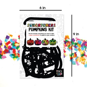 May include: A craft kit to make four pumpkin suncatchers. The kit includes everything you need to make the suncatchers, including colorful tissue paper, black cardstock, and instructions. The kit is 6 inches wide and 9 inches tall.  "SUNCATCHERS PUMPKINS KIT" and "This kit includes everything you need to make 4 paper suncatchers to place on your window!" are printed on the front of the package.