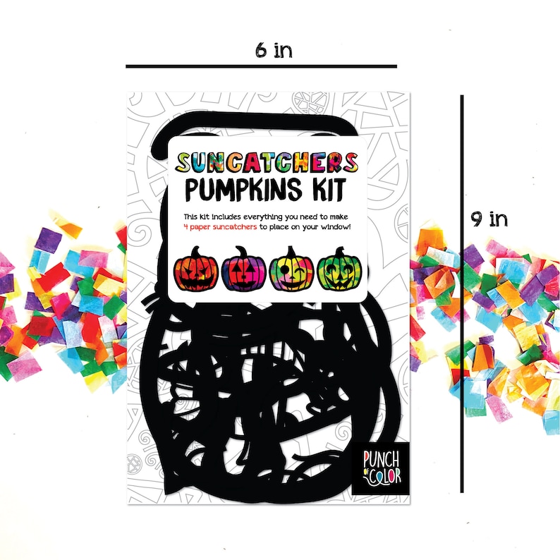 May include: A craft kit to make four pumpkin suncatchers. The kit includes everything you need to make the suncatchers, including colorful tissue paper, black cardstock, and instructions. The kit is 6 inches wide and 9 inches tall.  "SUNCATCHERS PUMPKINS KIT" and "This kit includes everything you need to make 4 paper suncatchers to place on your window!" are printed on the front of the package.
