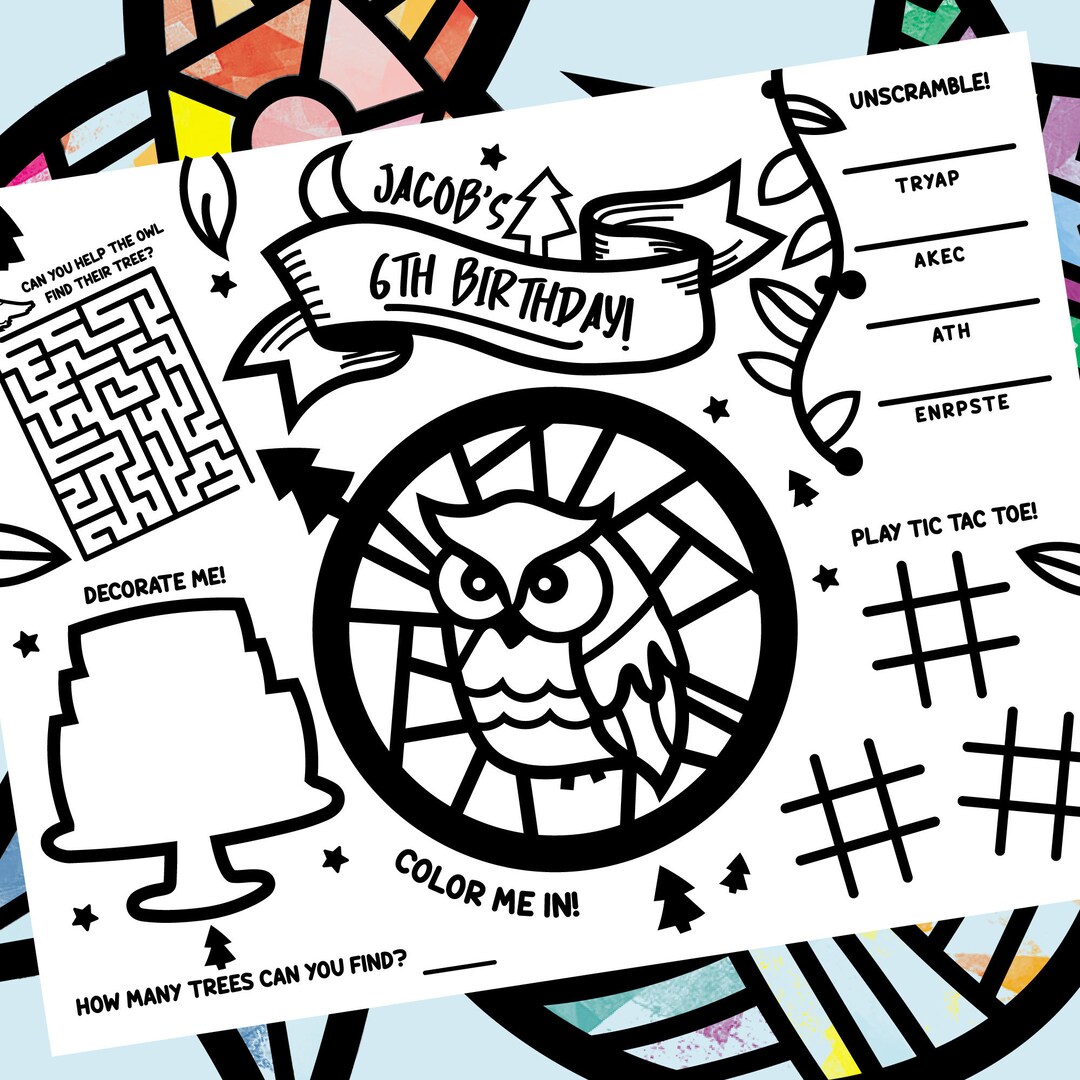 Printable Owl Coloring Placemat, Woodland Birthday Party Games, Forest ...