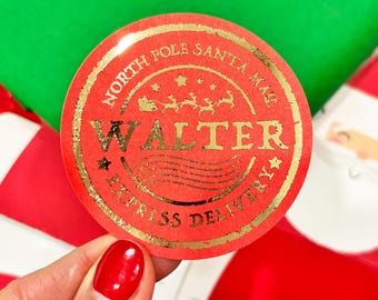 Set of 12 Gold Foil Personalized Express Delivery Stickers, Gift From Santa Labels for Gifts, North Pole Christmas